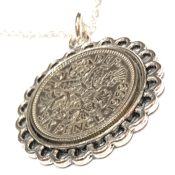 Fine Pendant 1959 Lucky sixpence 65th Birthday Sterling Silver 22in Chain, 65th 