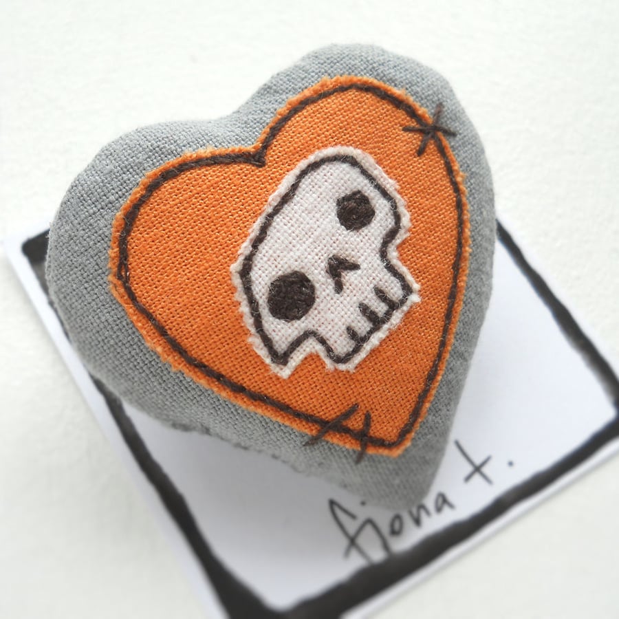 freehand embroidered skull heart textile brooch orangle