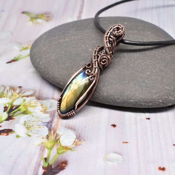Wire Wrapped Green Labradorite and Copper One of a Kind Unisex Pendant