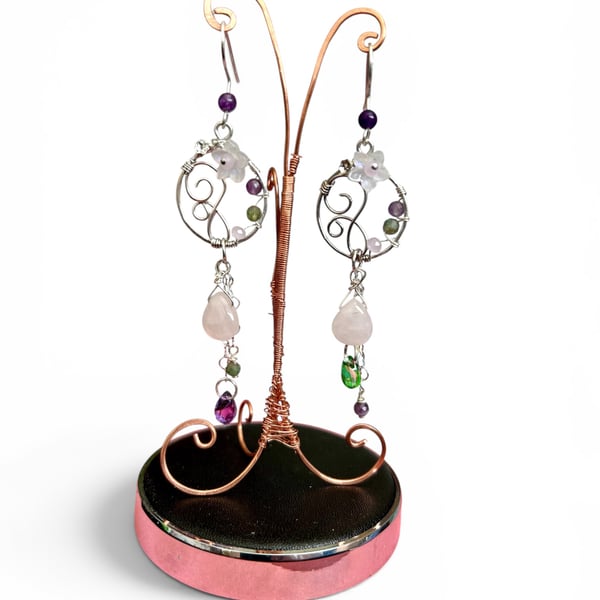 Sterling Silver Amethyst Peridot Rose Quartz Earrings - Gift Boxed