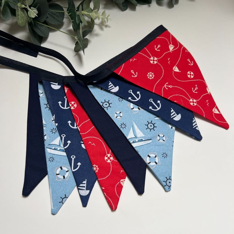Handmade Fabric Bunting 8 Flags in Coastal Navy Blue & Red Design