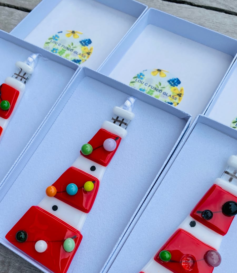 Fused glass smeatons lighthouses with lights