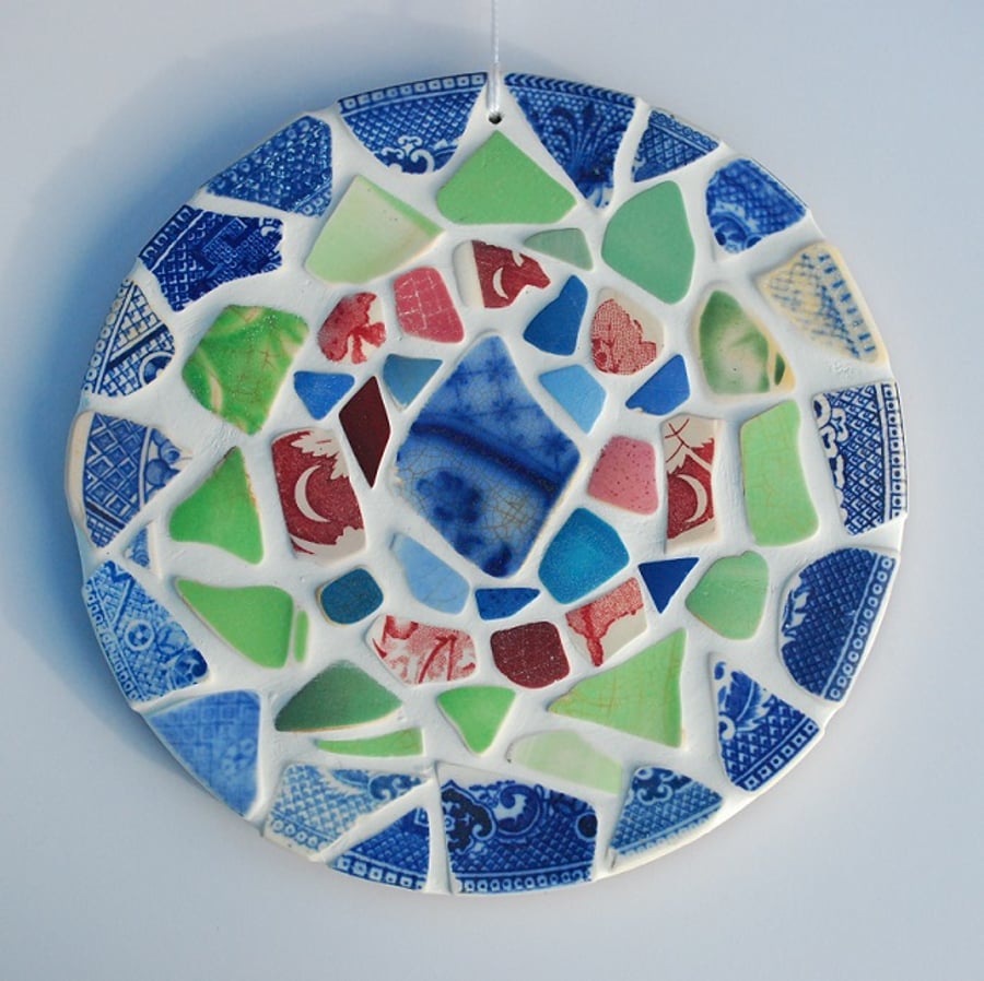 Large blue pink and green beach pottery mosaic