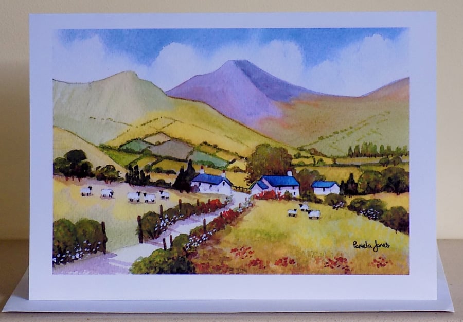 Art Greetings Card, Cottages In The Brecon Beacons, Wales, A5, Blank inside.