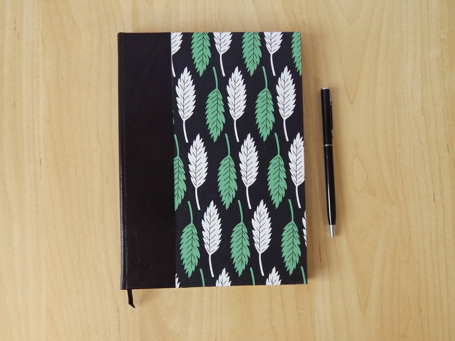 Black & Green Oak Leaf Journal with Leather Spine. Luxury Gifts. Gifts for Cooks