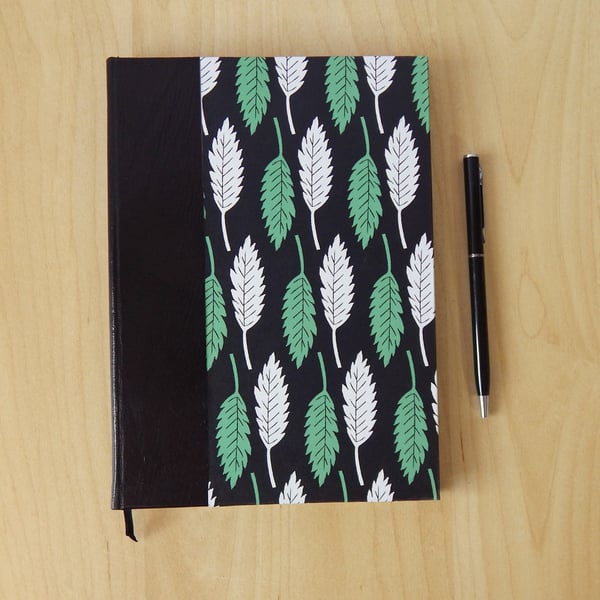 Black & Green Oak Leaf Journal with Leather Spine. Luxury Gifts. Gifts for Cooks