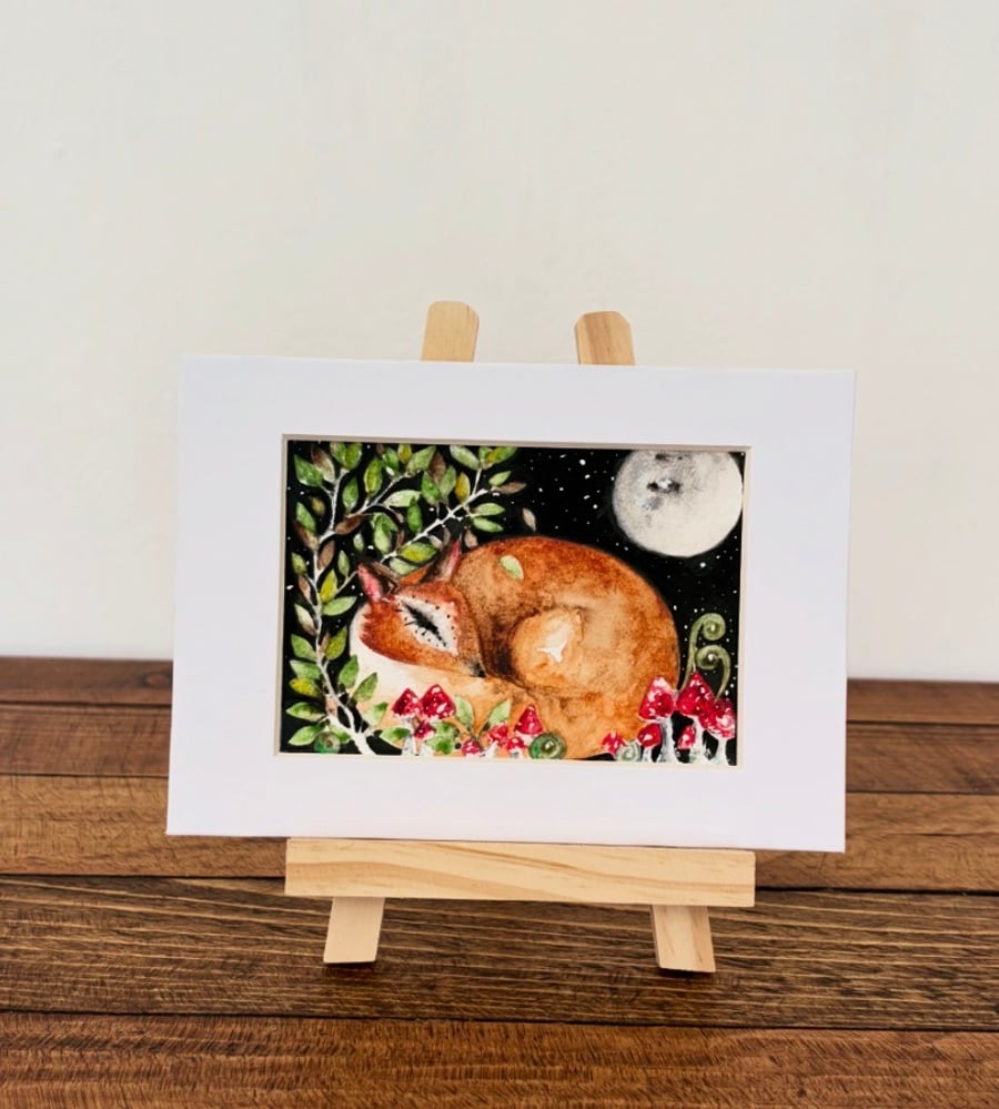 Image of Mounted Original Woodland Resting Fox Whimsical Mushrooms Forest Full Moon Art