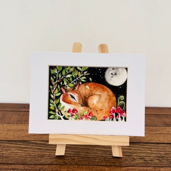 Mounted Original Woodland Resting Fox Whimsical Mushrooms Forest Full Moon Art