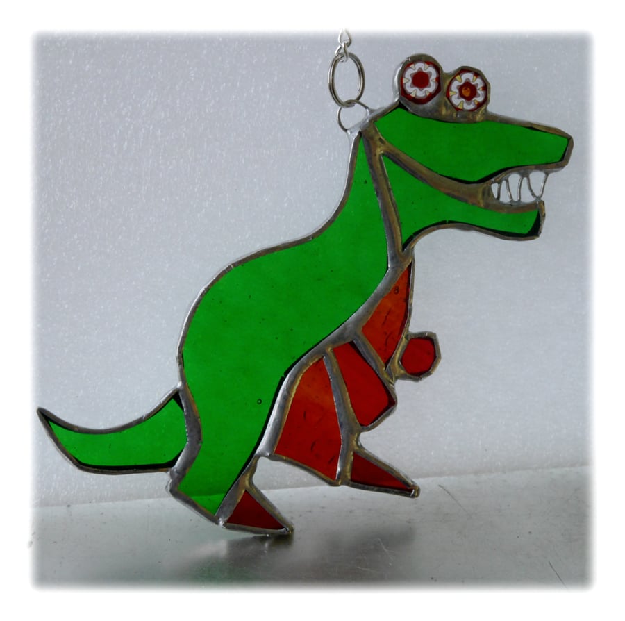 Dinosaur T Rex Suncatcher Green Stained Glass Handmade 
