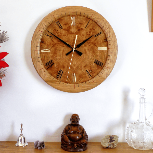 Designer made Wooden Wall Clock with a Burr Elm Dial & Inlaid English Oak Bezel
