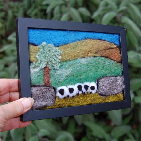 Five sheep stonewall wool painting.  Needlefelt picture