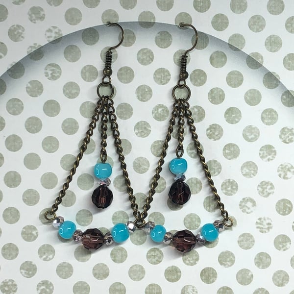 Blue and plum chandelier earrings