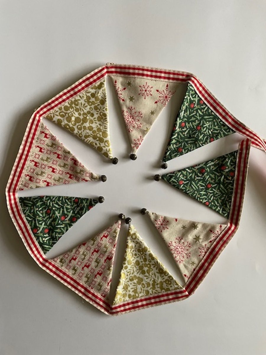 Berries, snowflakes and reindeer fabric mini bunting with jingle bells