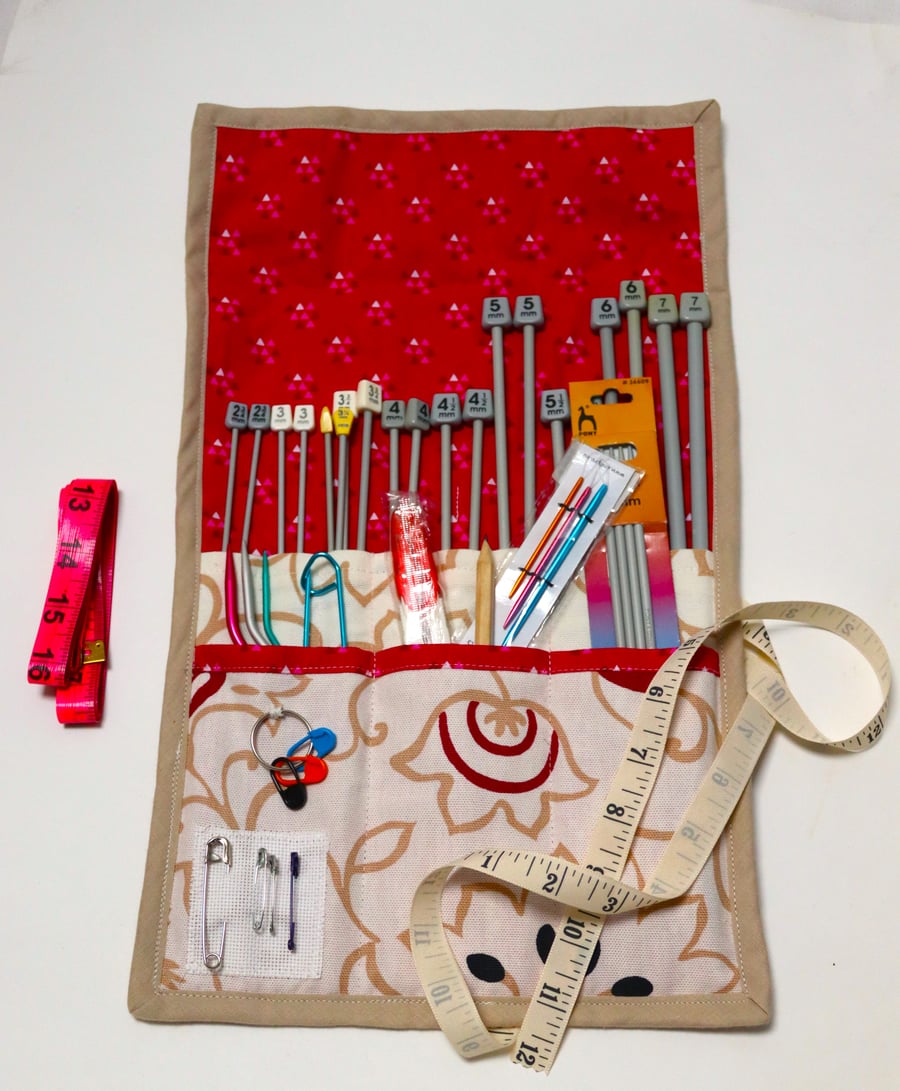 Knitting needle roll with needles and accessories