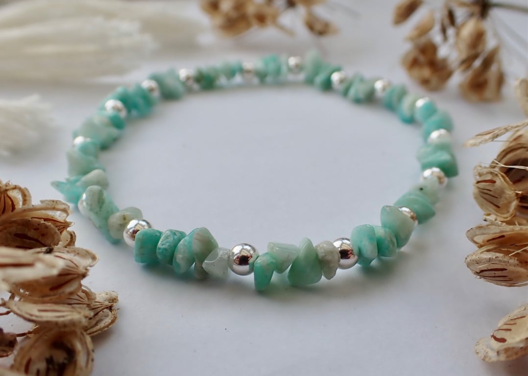 Amazonite and sterling silver beaded stretchy bracelet