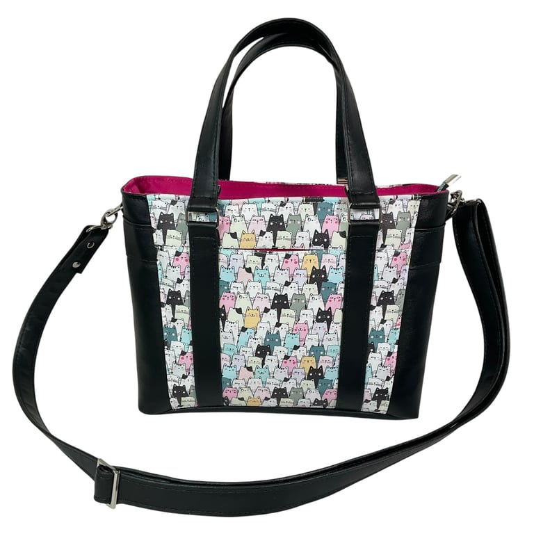 Cat Lover Tote Bag, Handmade Crossbody handbag with Pink Lining, Kawaii Cat Prin