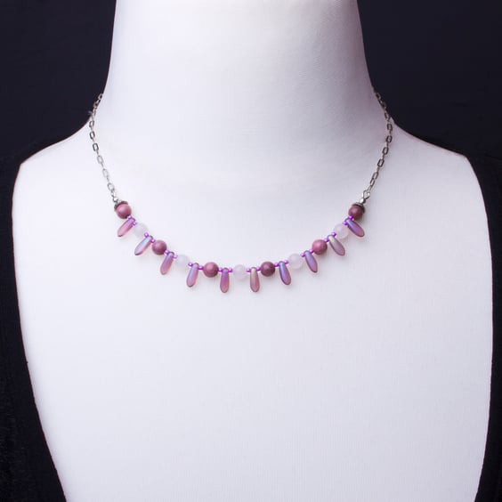 Pink rose quartz and rhodonite gemstone and spear necklace