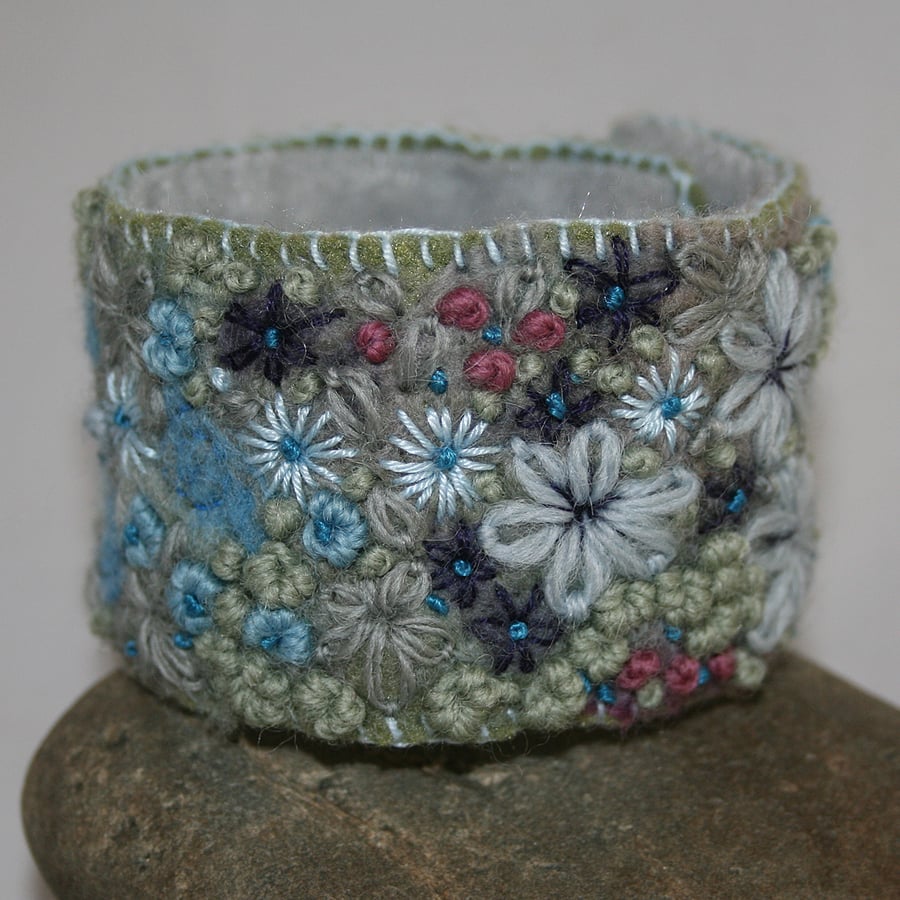 Embroidered and Felted Cuff - Blue and Pink Garden border