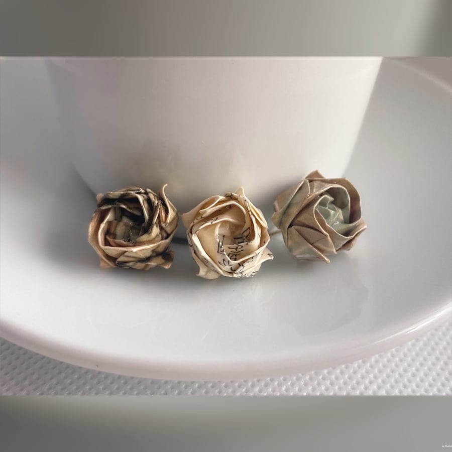 Paper Rose Earrings, Origami Rose Earrings, Paper Flower, Wording Earrings
