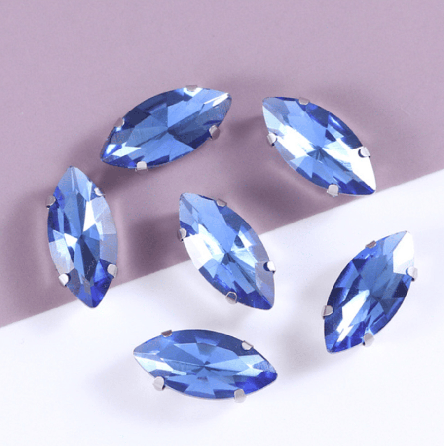(S18S blue) 50 Pcs, 7 x 15mm Sew On Crystal Horse Eye Beads, Glass Leaf 