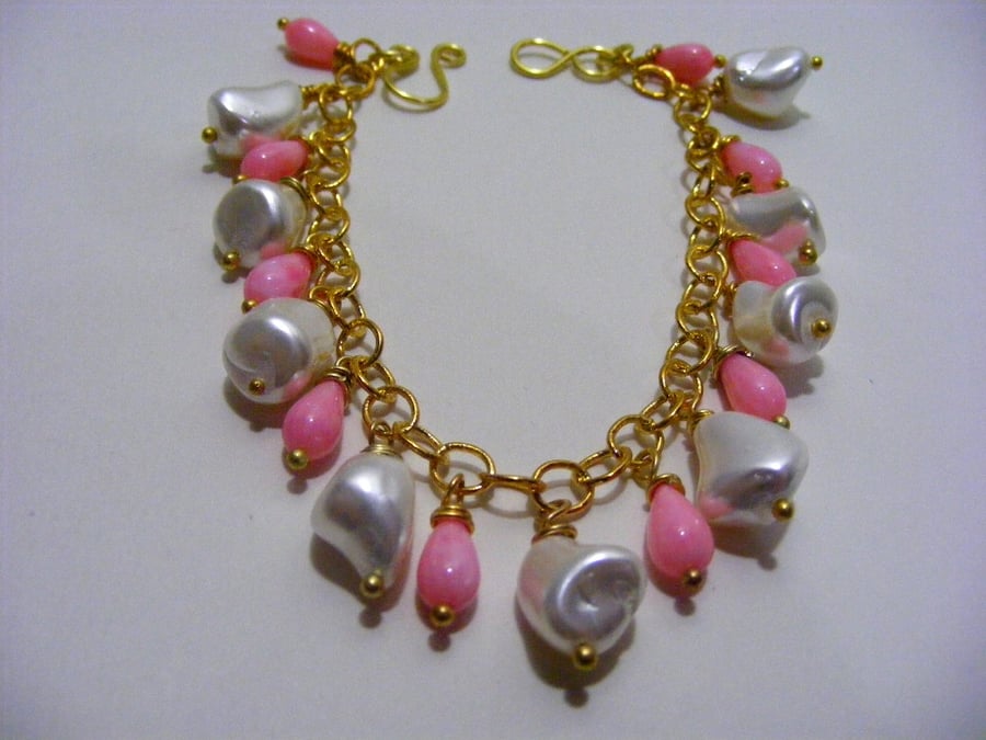 Pink coral and White Sea Shell Pearl Charm Bracelet