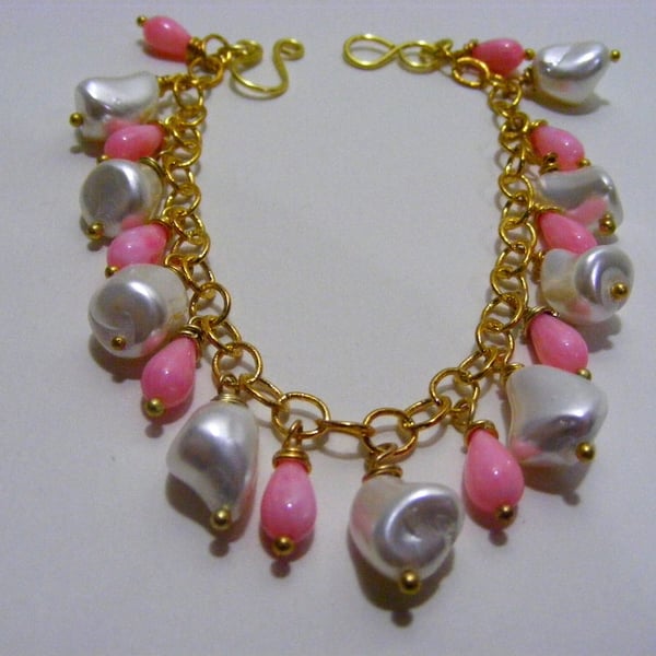 Pink coral and White Sea Shell Pearl Charm Bracelet