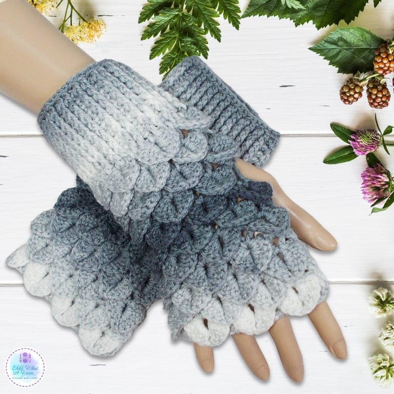 Crochet gloves. Grey and white dragon scale gloves. Fingerless gloves.