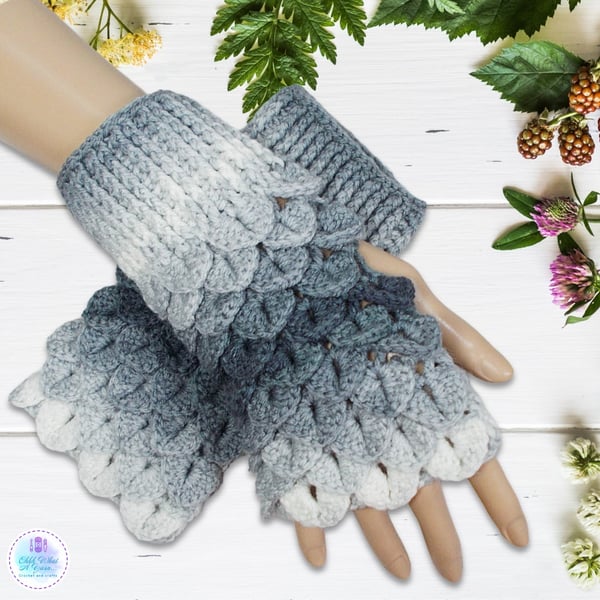 Crochet gloves. Grey and white dragon scale gloves. Fingerless gloves.