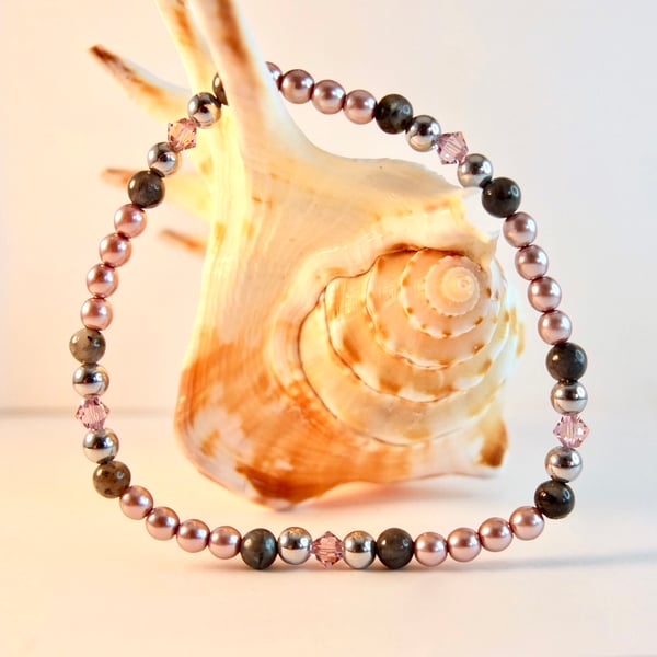 Czech Glass Pearl, Larvikite, Silver Hematite And Swarovski Crystal Bracelet.