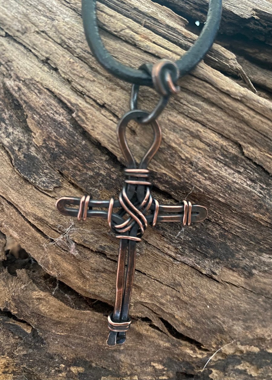 Copper wire, handmade cross. 