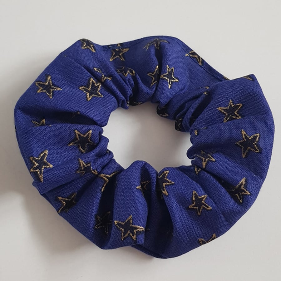 Royal Blue Gold Star Cotton Scrunchie - Handmade Hair Tie