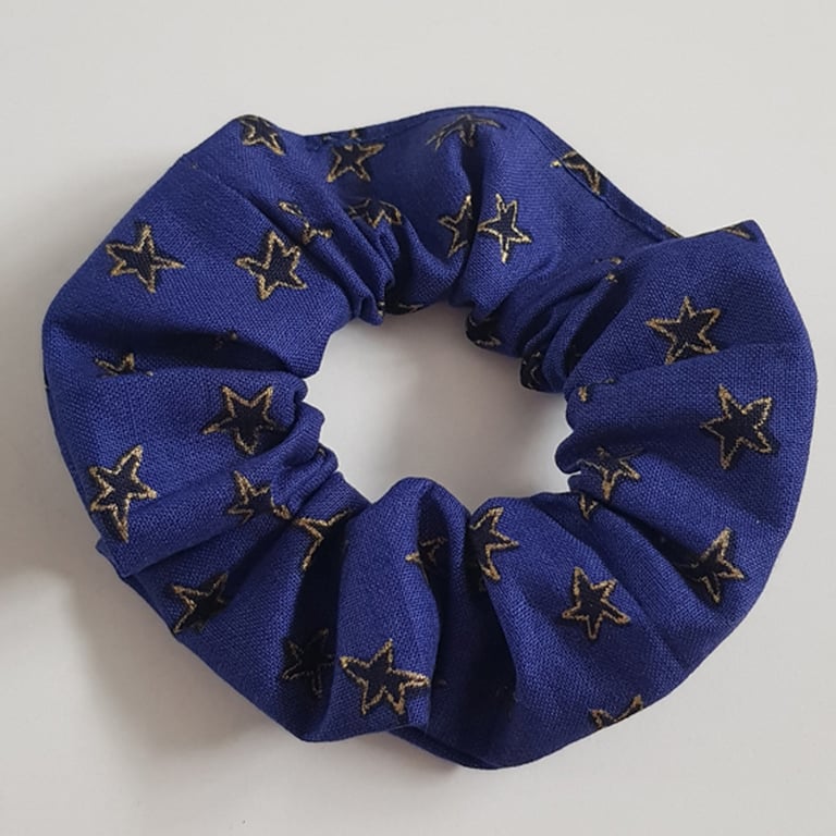 Royal Blue Gold Star Cotton Scrunchie - Handmade Hair Tie