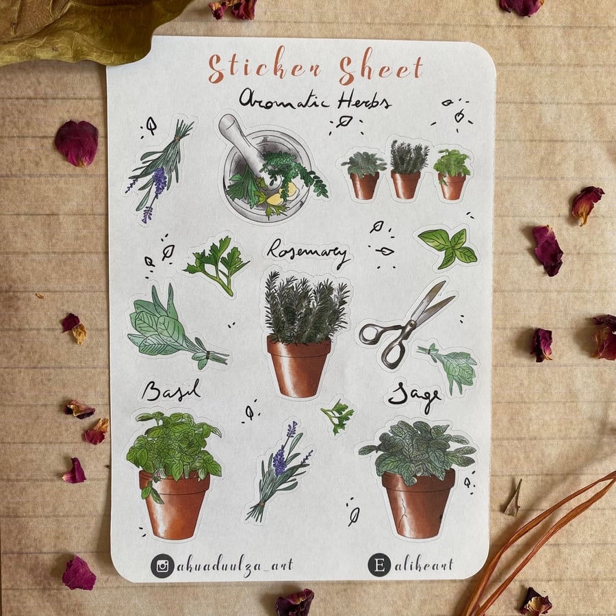 Wild Herbs Sticker, Handmade Plant sticker,  Aromatic Herbs sticker sheet