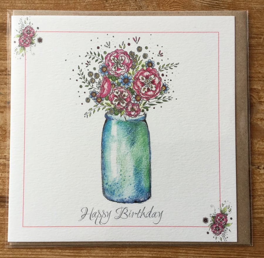 Happy Birthday vase of flowers card 