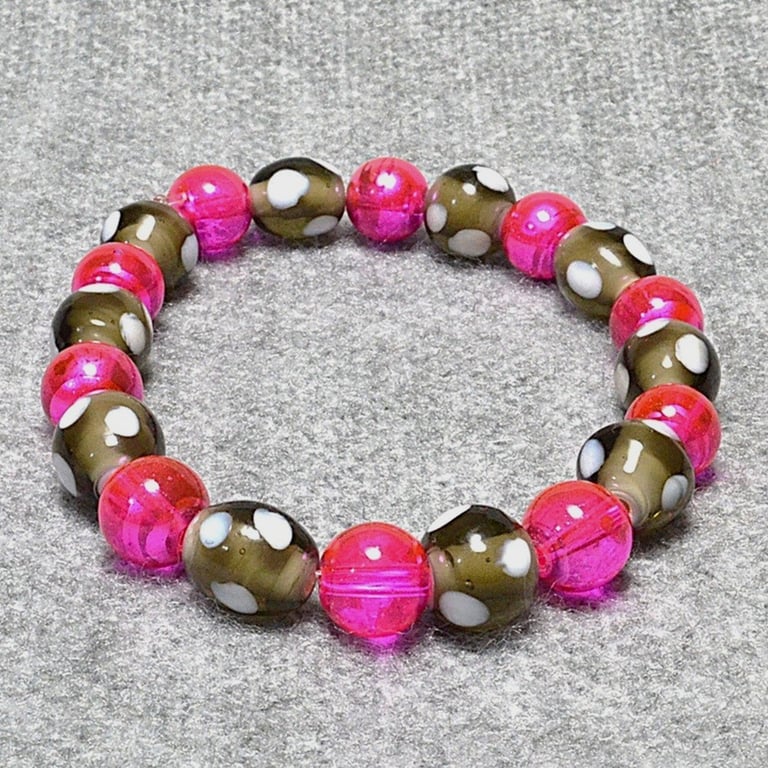 Bright Pink Chunky Glass Bead and Grey Spotted Glass Bead Elastic Bracelet