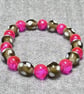 Bright Pink Chunky Glass Bead and Grey Spotted Glass Bead Elastic Bracelet
