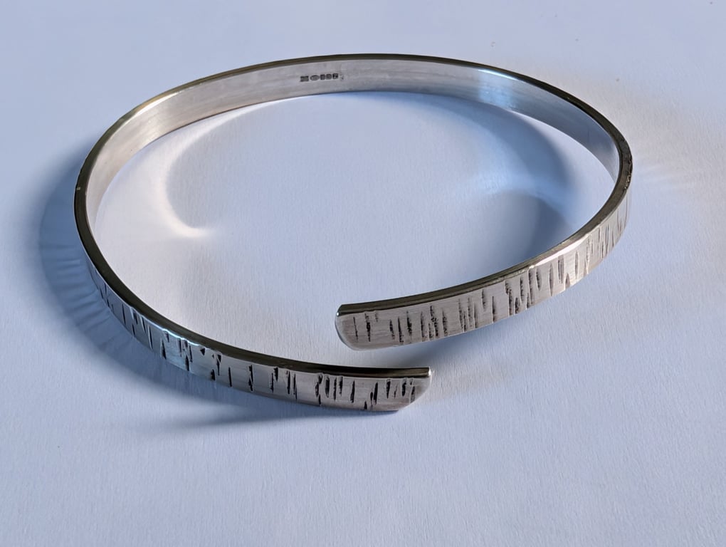 Sterling Silver  Open Bangle, bark pattern