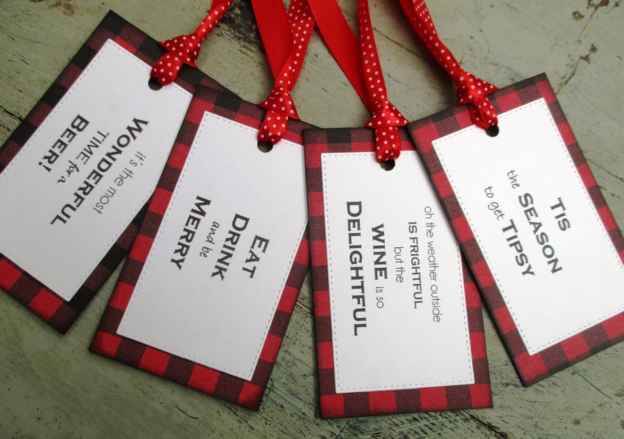 Christmas red check gift tags, luggage tags set of 4