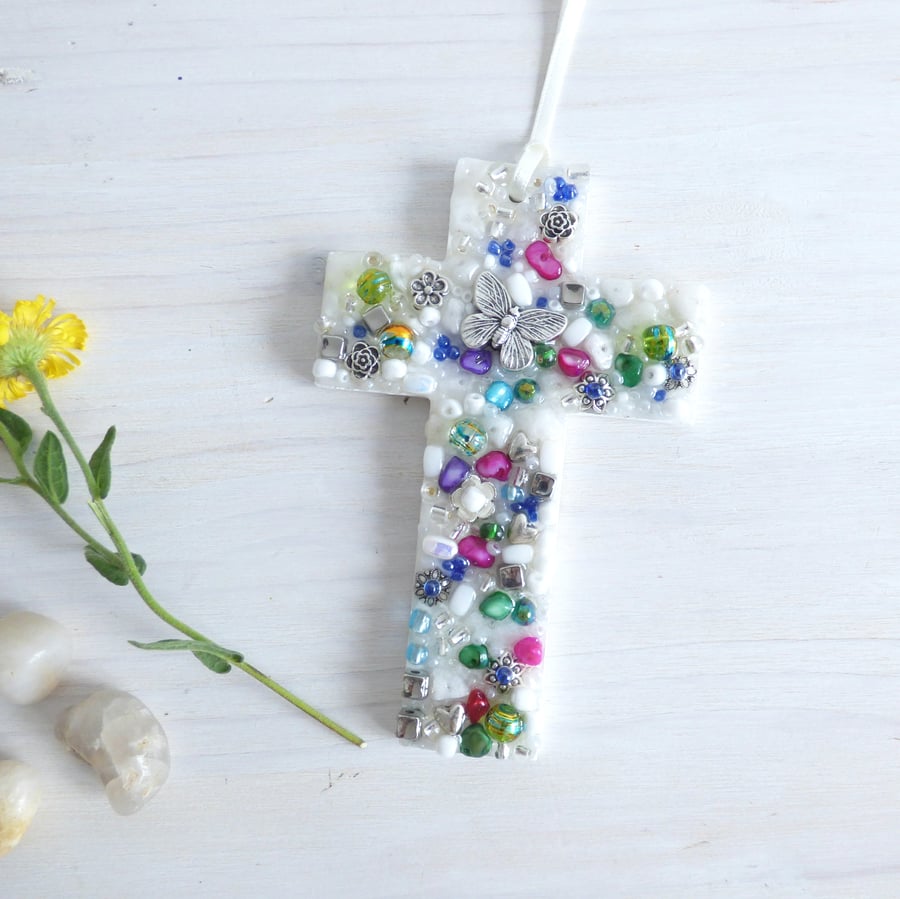 Jewels & Gems Stone Mosaic, Upcycled Jewellery, Christian Cross