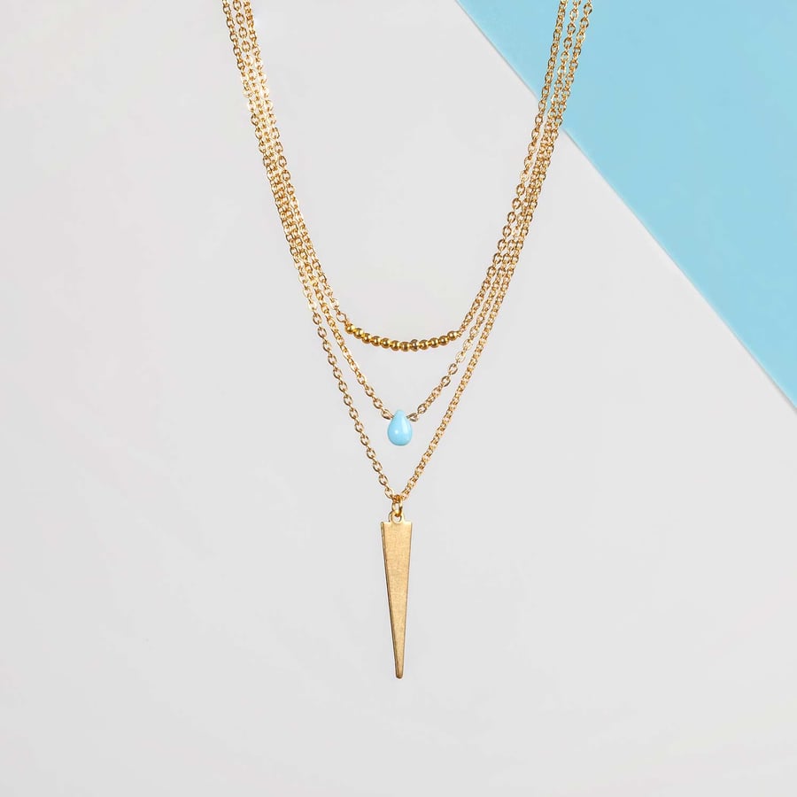 Gold Multi Strand Necklace - Layered multi chain necklace - gold & turquoise