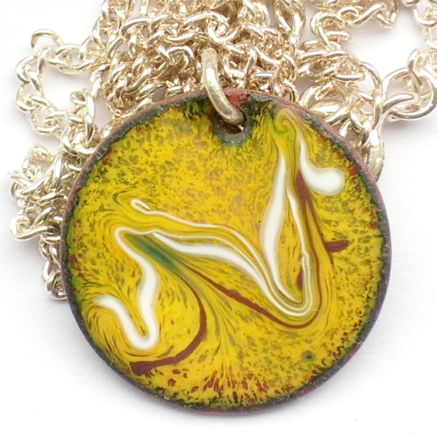 enamel pendant - round, scrolled red-brown and white over yellow