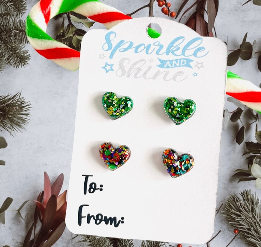 Christmas heart stud earrings, stocking filler for girlfriend, secret Santa 