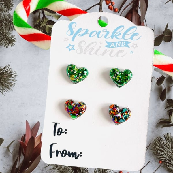 Christmas heart stud earrings, stocking filler for girlfriend, secret Santa 