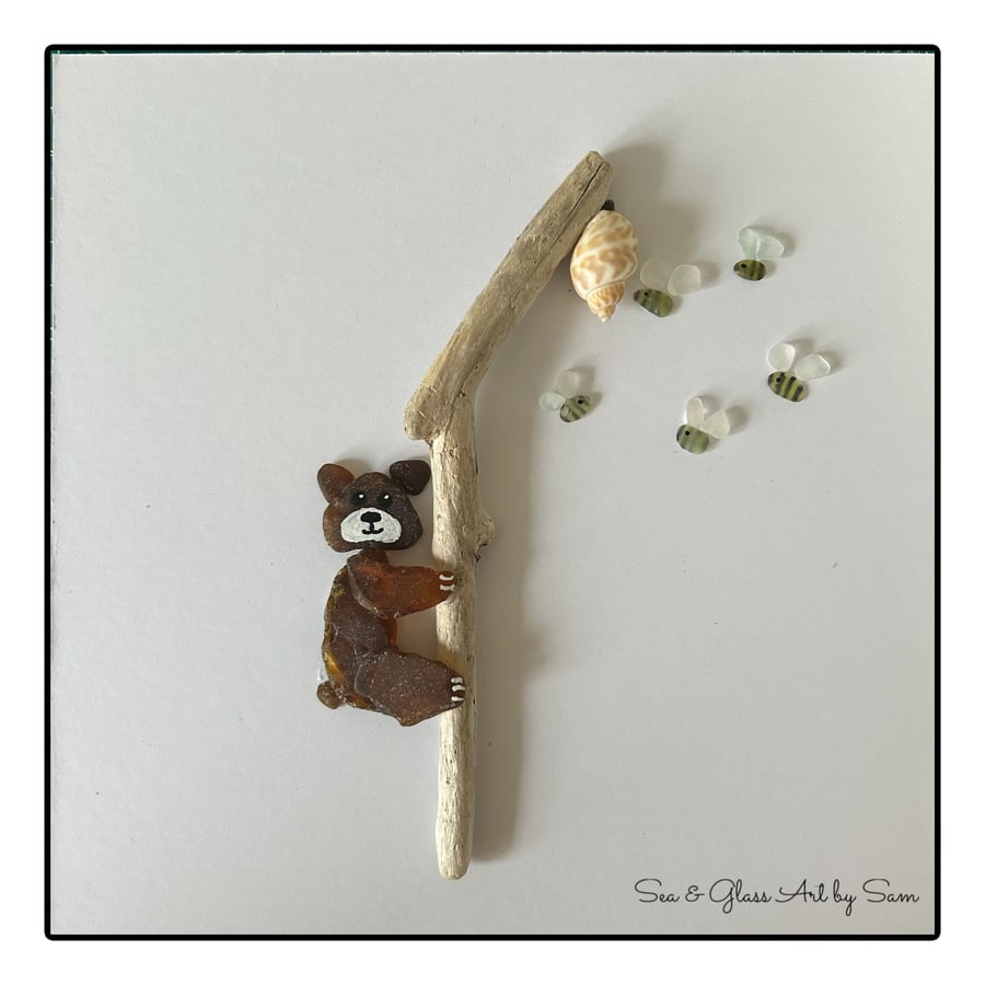 Handmade Sea Glass 'Skinny Bear' Picture - Framed 8x8 Woodland Animal