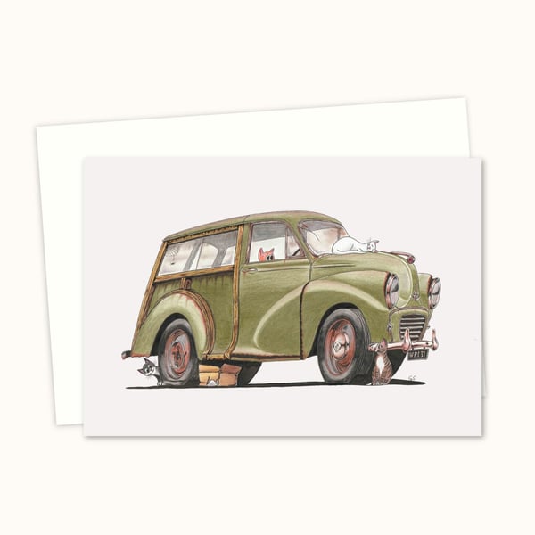 Moggies Greetings Card - Classic Car and Cats Illustrated Card - Blank Inside