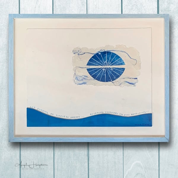 Mixed Media Painting and Linoprint with Reflective Poetry - Minimalist Seascape