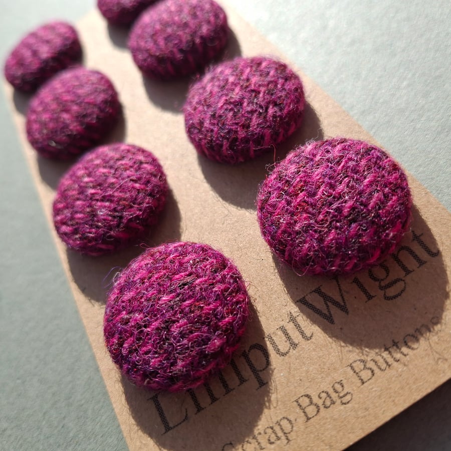 Set of eight scrap bag buttons - plum and raspberry coloured Harris Tweed