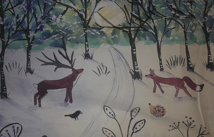 Winter Snowy Scene with Fox and Deer Tea towel 