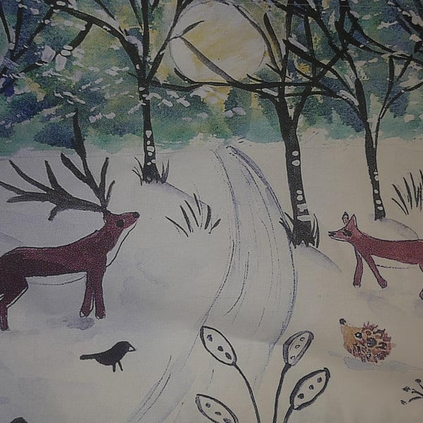 Winter Snowy Scene with Fox and Deer Tea towel 