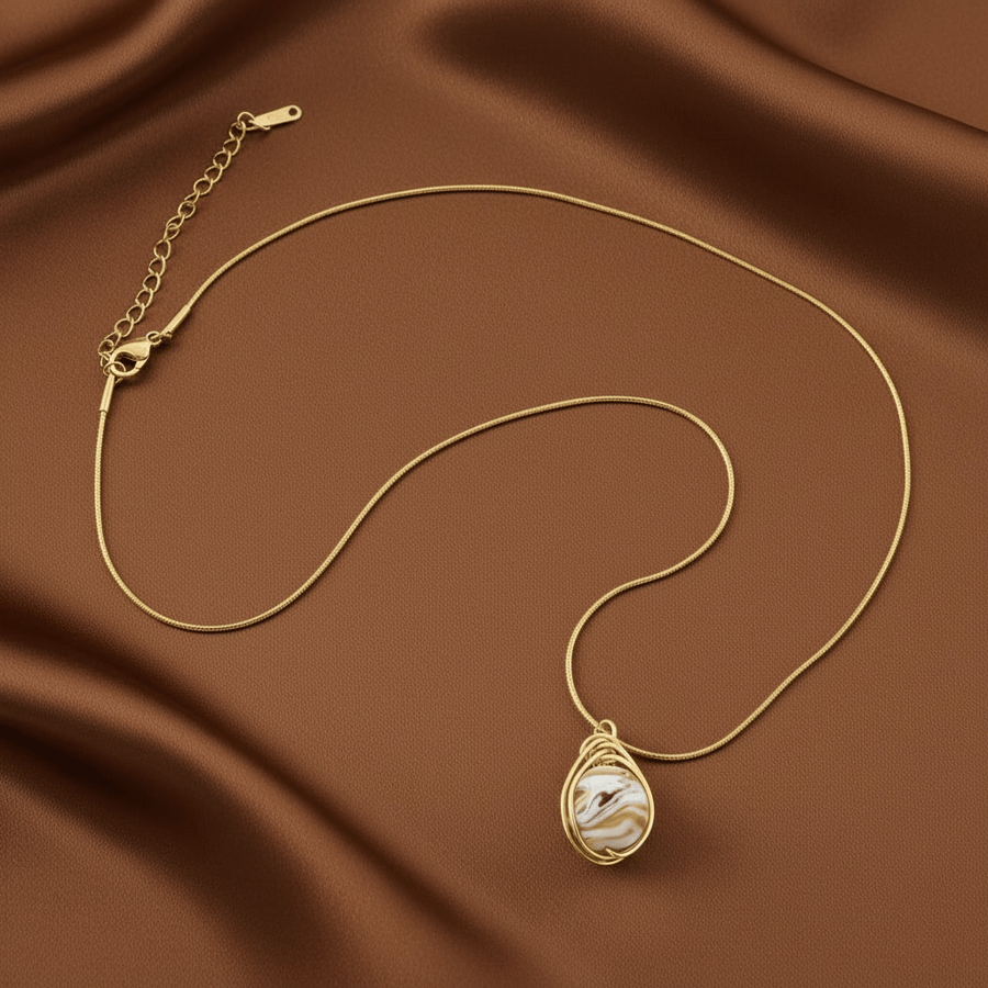 Coffee & Cream Wire Wrapped Pendant on Gold Plated Fine Snake Chain